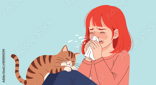 Sad young girl with red hair crying into a tissue while a sympathetic cat sits on her lap in a comforting scene.