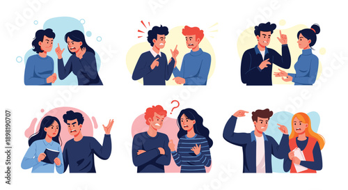 Set of flat vector illustrations depicting various scenes of interpersonal conflict and heated arguments between diverse groups of people.