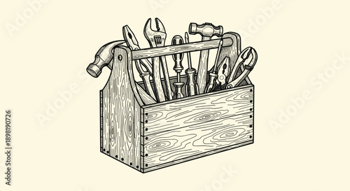 Vintage style hand-drawn sketch of a wooden toolbox filled with various essential hand tools for home repair and maintenance tasks.