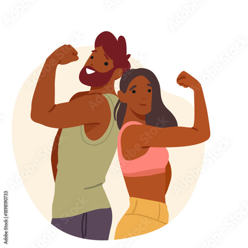 Athletic man and woman cartoon fitness characters showing biceps cartoon sports motivation scene