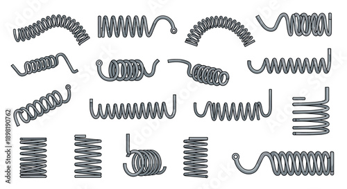 Wide variety of industrial metal springs in different shapes sizes and thicknesses presented in a detailed grey scale vector set.