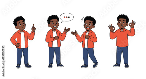 Versatile set of poses featuring a young boy character expressing thoughts speech and positive gestures in a clean cartoon style.