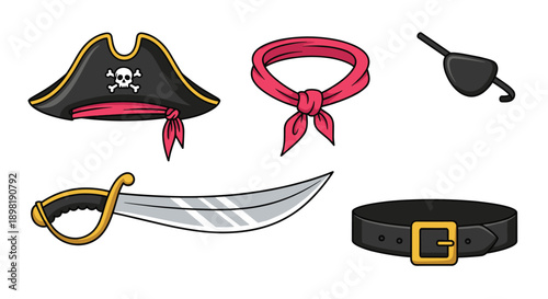 Fun collection of pirate-themed accessories including a hat with skull and crossbones cutlass eyepatch bandana and leather belt.