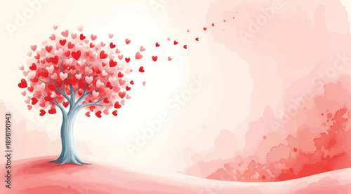 A tree with red hearts flying through the air