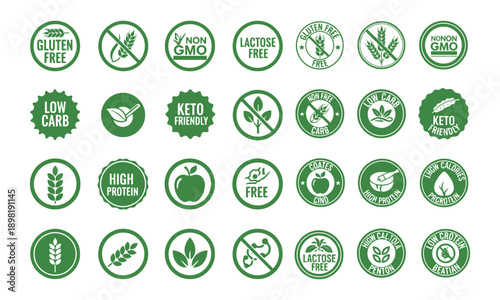 Comprehensive Keto Diet Icons Set and Green Organic Food Quality Labels