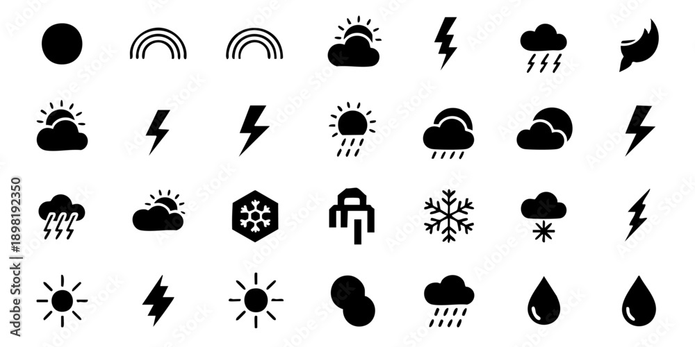 Obraz premium Collection of weather icons depicting various conditions and elements on a clean background from a straightforward viewpoint