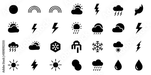 Collection of weather icons depicting various conditions and elements on a clean background from a straightforward viewpoint