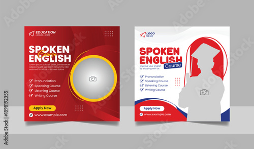 Spoken english course promotion post coaching social media banner or digital marketing square flyer template set design