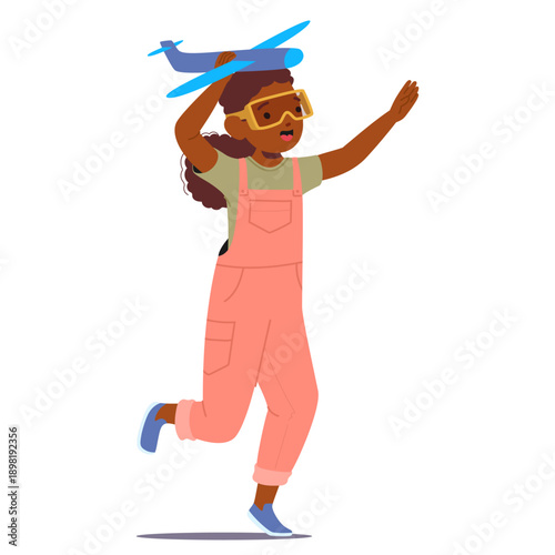 Preschool girl imagining being like pilot playing with toy plane breaking gender stereotypes