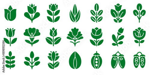 Collection of various green plant icons displayed in a grid arrangement on a clean background