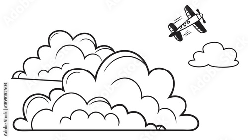 Vintage airplane flying through fluffy white clouds in the sky with motion lines