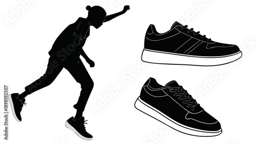 Black silhouette of a person wearing sneakers and running with two shoes