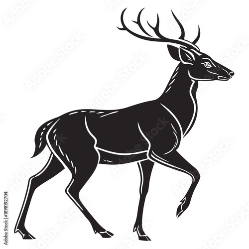 Black silhouette of a deer with antlers standing in profile