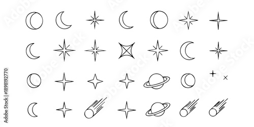 Collection of celestial body illustrations featuring moon, star, planet, comet, and sun icons in a simple line art style