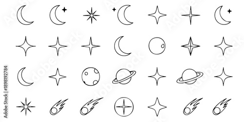 Collection of celestial body illustrations, including moons, stars, and planets, displayed in a grid layout on a clean background from a straightforward viewpoint