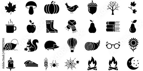 A collection of autumn-themed icons featuring seasonal objects and symbols
