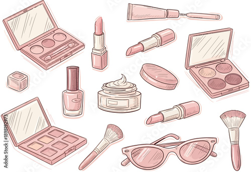 Light pink sketch illustration of makeup items and accessories, including eyeshadow palettes and sunglasses.
