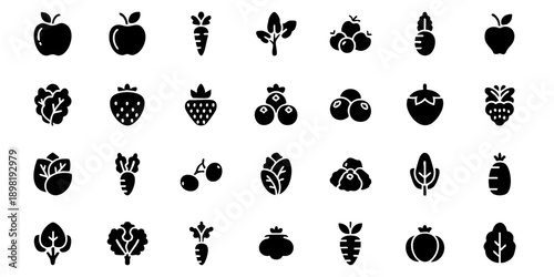 A collection of various fruits depicted in black silhouettes against a plain background, showcasing diverse shapes and types in a grid layout from a direct viewpoint