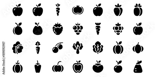 A collection of simple black and white fruit icons displayed in a grid pattern