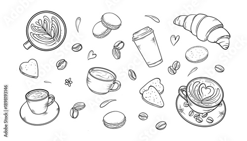 Hand drawn coffee and bakery doodle set in black in. k. Sketch line art style.