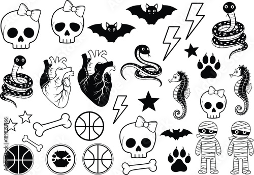 A lively collection of Halloween-themed vector graphics, including skulls, bats, snakes, hearts, seahorses, mummies, and basketballs.