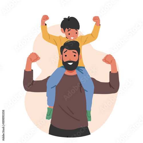 Strong paternal bond cartoon portrait scene of happy father and son showing biceps together