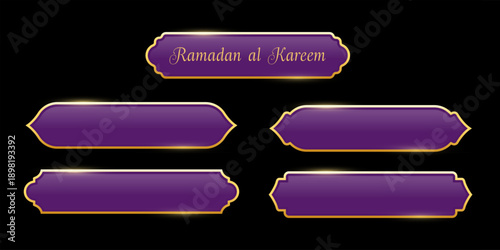 Ramadan frames. Islamic frames with gold borders shown as purple decorative labels in traditional Arabian shapes. Set of banners for Ramadhan and oriental festive design. Luxury vector illustration.