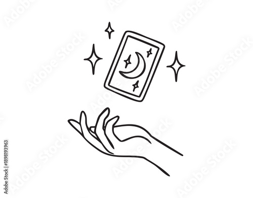 Hand holding moon tarot card, celestial arcana, hand drawn, line art outline, hand drawn