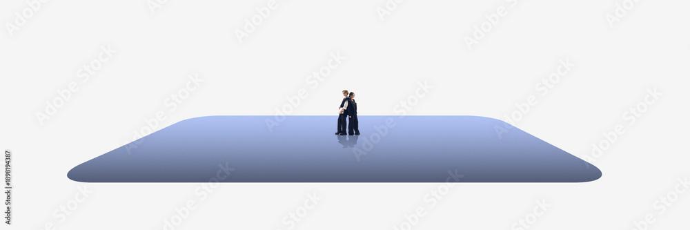 Fototapeta premium Conceptual composition corporate team standing on blue platform. Concept of teamwork balance, shared responsibility, leadership presence, collaboration and organizational stability.