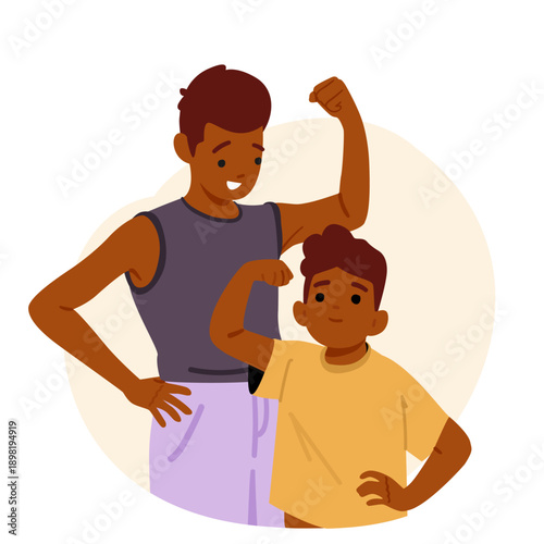 Strong sibling relationship cartoon portrait of older and younger brothers showing biceps together