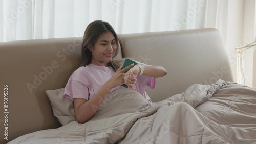 AI smart IOT watch wrist wear collect ECG heart rate data sleep track record health care device digital internet of things app. Asia people woman urban tech life home future living wake get up morning