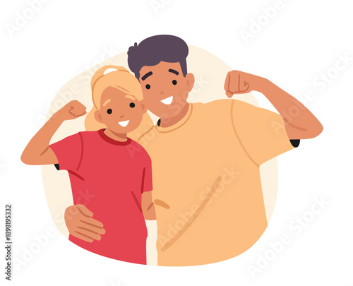 Older brother and younger sister standing and hugging each other showing biceps cartoon portrait