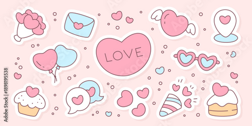 Kawaii St. Valentine day sticker set. Cute illustrations featuring hearts, flowers, envelope, balloons, sweets, party popper, location pin, and pastel love themed elements for romantic designs. 