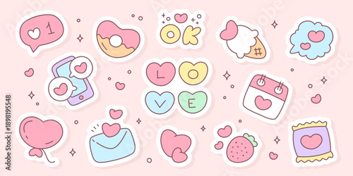 Kawaii St. Valentine day sticker set. Adorable illustrations featuring hearts, love messages, sweets, and cute elements in soft pastel colors for romantic designs.