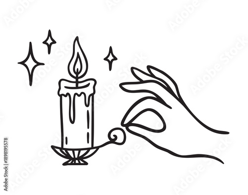 Hand pinching a candlestick with a burning flame, monochrome line art hand drawn style