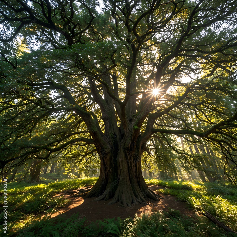 Naklejka premium Sun-Kissed Ancient Tree: Forest Canopy and Golden Light
