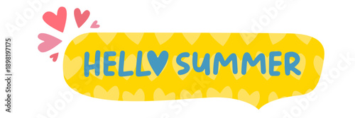Hello Summer greeting banner set with yellow heart pattern and stitched borders, bright horizontal headers for seasonal sales and social media