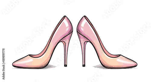 Pair of elegant pink high heel pumps illustration with detailed sketching for fashion, luxury footwear, and beauty boutique concepts.