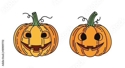 Two carved Halloween jack-o-lantern pumpkins with different spooky expressions for holiday decoration and scary party atmosphere.