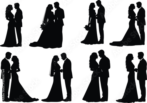 Black silhouettes of romantic wedding couples with bride and groom standing together isolated on white background