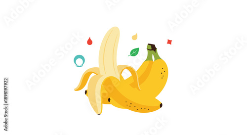Simple flat vector illustration of a bunch of yellow bananas with one partially peeled fruit isolated on a white background for food design.