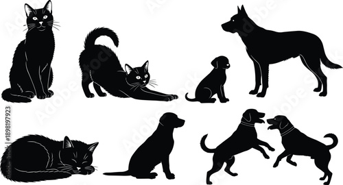 Collection of black silhouettes of cats and dogs sitting, sleeping, stretching and playing isolated on white background
