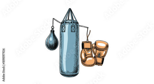 Detailed hand drawn illustration of boxing training equipment including heavy punch bag speed ball and hanging boxing gloves for sport themes.