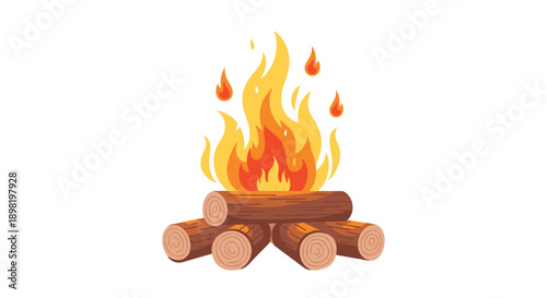 Bright and warm campfire illustration featuring burning wooden logs and orange flames isolated on a plain white background for camping themes.