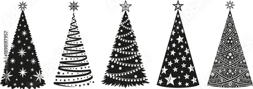 Black stylized Christmas trees with stars and ornaments, decorative winter holiday symbols isolated on white background