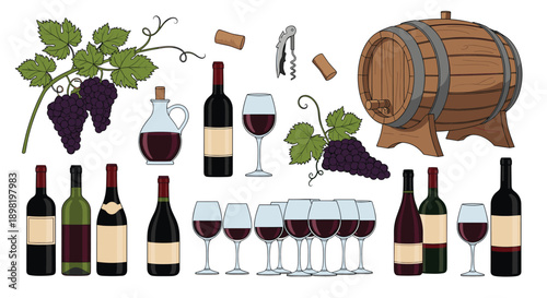 Diverse set of winery related graphics including various red and white wine bottles glasses wooden cask and bunches of dark grapes for branding.