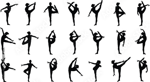 Collection of black silhouettes of gymnast women dancing, jumping, stretching and exercising isolated on white background