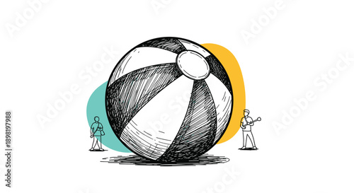 Artistic hand drawn sketch of a large striped beach ball with small stylized human figures for summer holiday and leisure activities concepts.