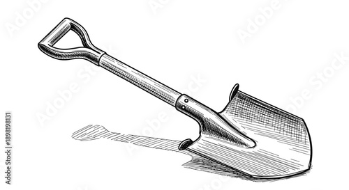 Realistic hand drawn engraving style illustration of a metal spade or shovel with a wooden handle isolated on white background for garden work.