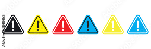Set of colorful warning traffic signs with exclamation marks isolated on white background